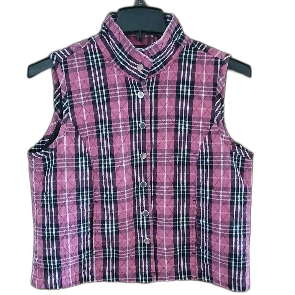 Baxter & Wells 100% Cotton Women's Quilted Plaid Pink Vest Comfy Cute Fun Sz Med